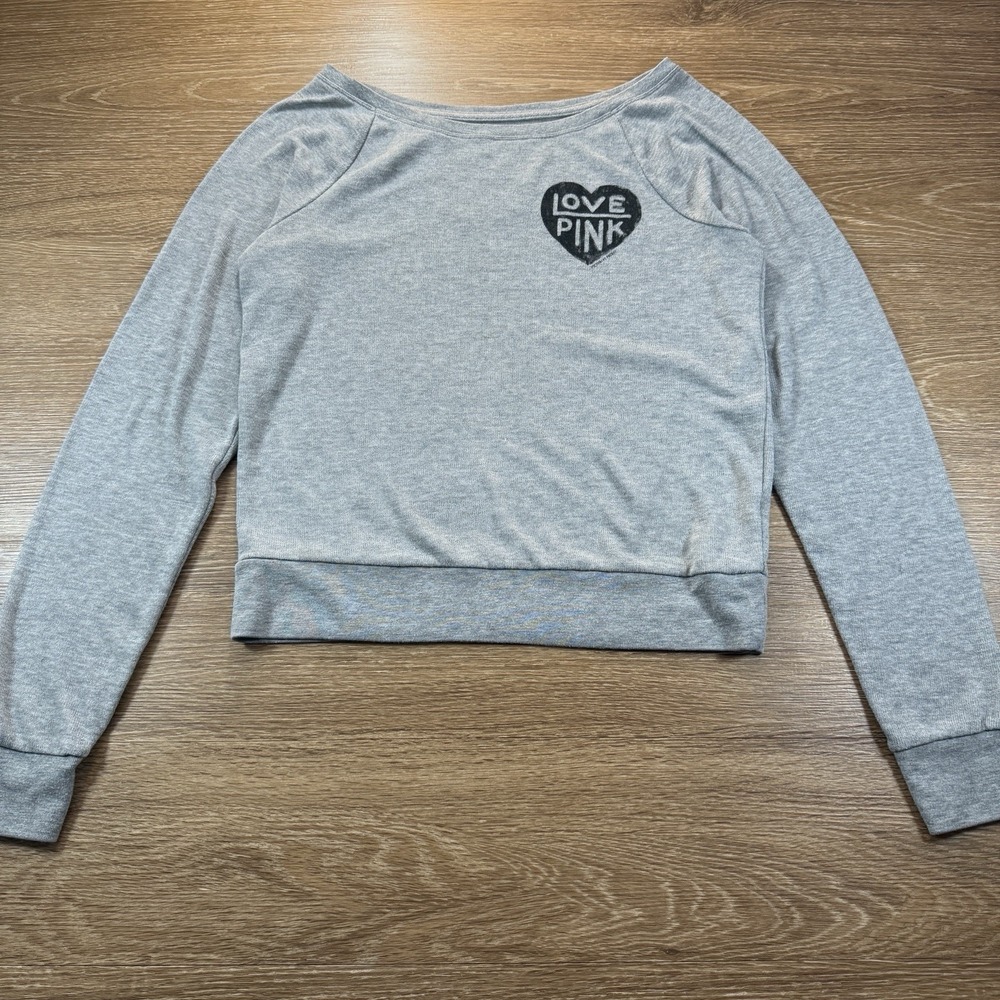 Love PINK Women's Gray Cropped Sweatshirt S Heart Logo Raglan Pullover - Picture 1 of 7